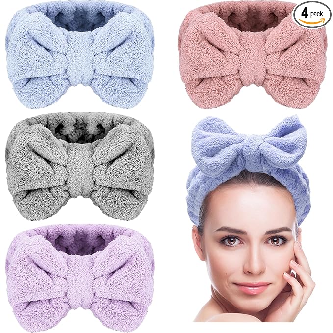 4 Pack Makeup Spa Headband Microfiber Bow Towel Soft Fluffy Washing Face by Senkary