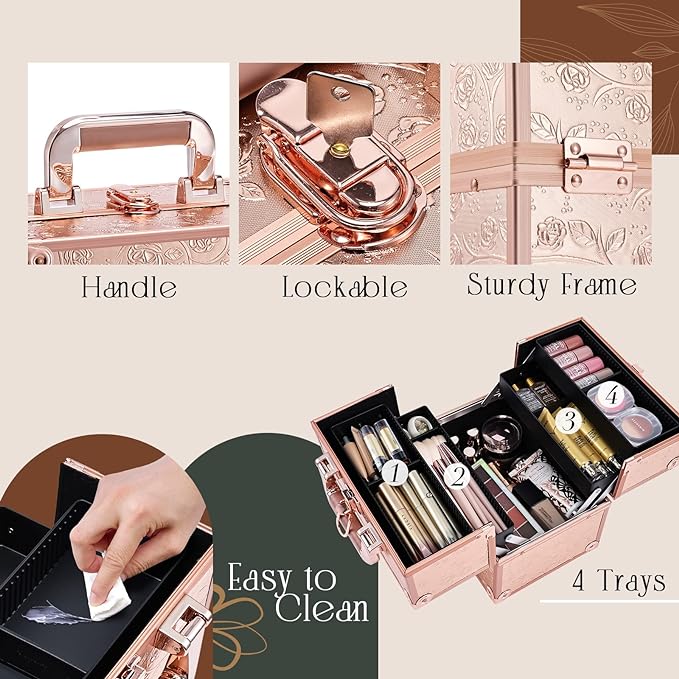 FRENESSA Makeup Train Case Cosmetic Box Portable Makeup Case Organizer 4 Trays - Image 5