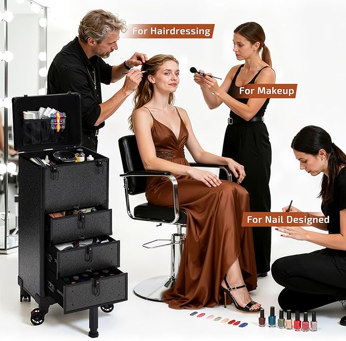 Rolling Makeup Train Case with 3 Drawers, Nail Trolley Cart Salon Station - Image 6
