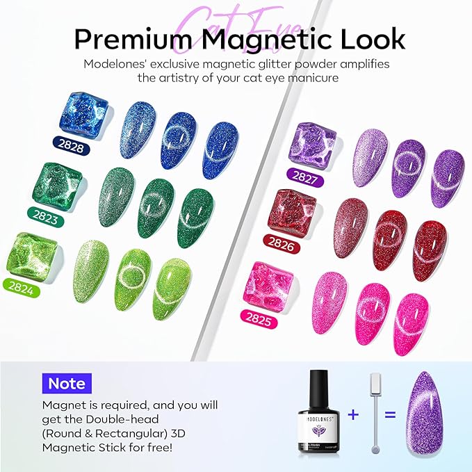 modelones Cat Eye Gel Nail Polish, 6 Colors Glitter Summer Red Pink Purple - Image 2