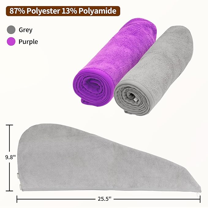 NEXCOVER Hair Towel Microfiber, 2 Pack Grey Purple 9.8 inch X 25.5 inch Hair - Image 4