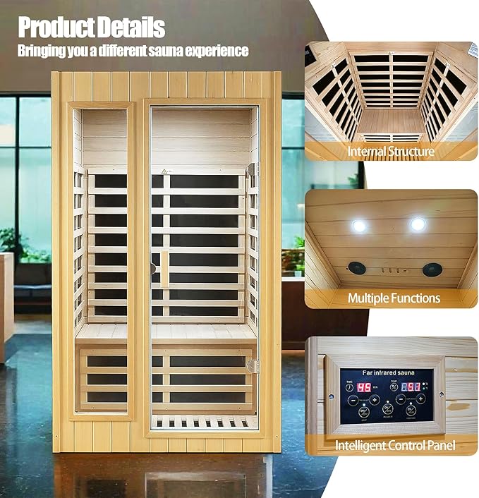2 Person Sauna, Low EMF Far Infrared Sauna, 1500W Hemlock Wood Sauna Indoor - Image 4