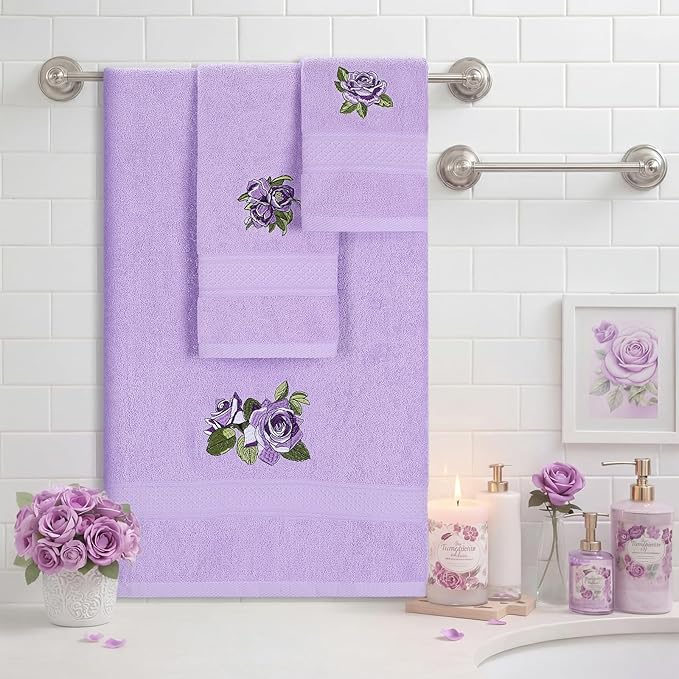 3 Pcs Rustic Purple Roses Bathroom Towel Set Farmhouse Embroidered Purple Roses - Image 3