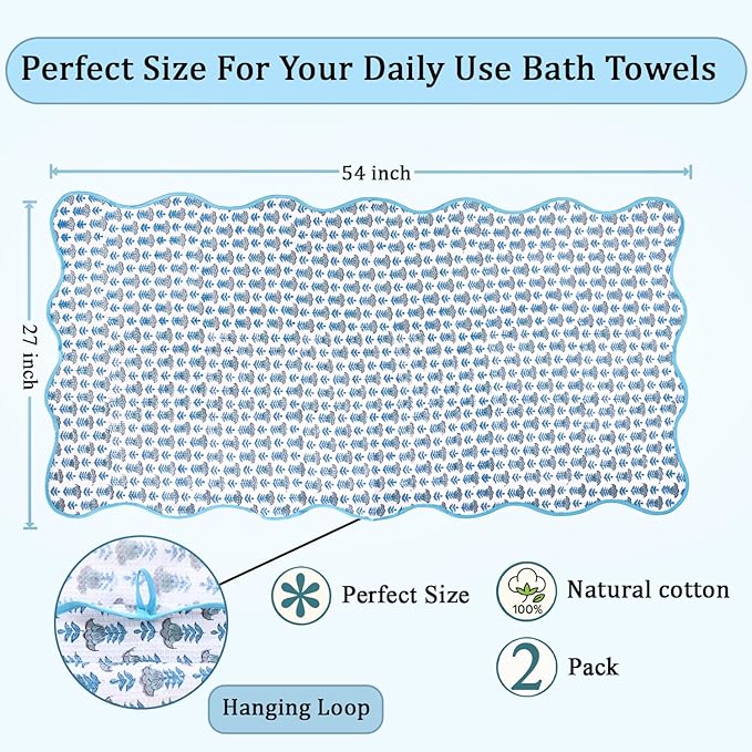 Ridhi Block Print Aquamarine Blue Cotton Spa Towel 27"x54" Set of 2 Handmade - Image 4