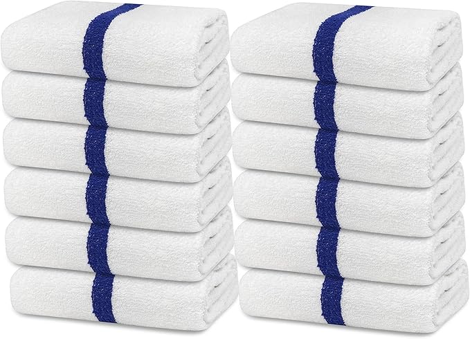 Avalon Towels 100% Cotton Pool Towels White Beach Towels Blue Stripe Pack of 12 by AvalonTowels