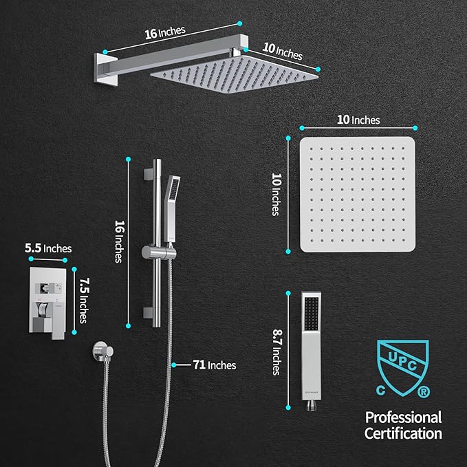 SR SUN RISE 10 Inch Square Shower Faucet, Adjustable 16-Inch Slide Bar Hand - Image 5