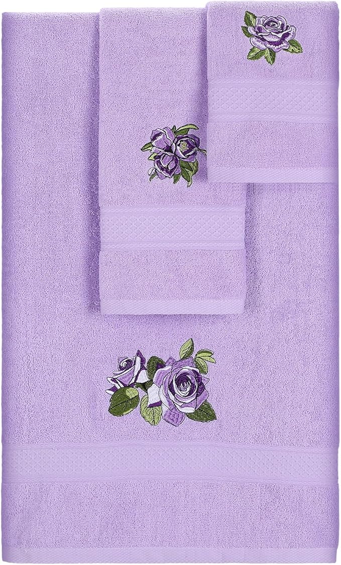 3 Pcs Rustic Purple Roses Bathroom Towel Set Farmhouse Embroidered Purple Roses by Unknown