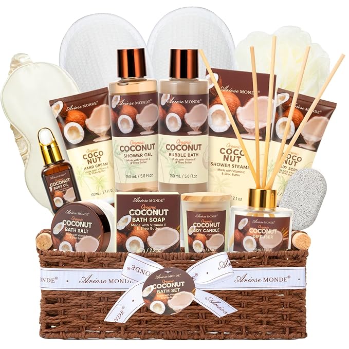 Spa Gift Basket for Women, Coconut Bath and Body Gift Basket by Ariosemonde