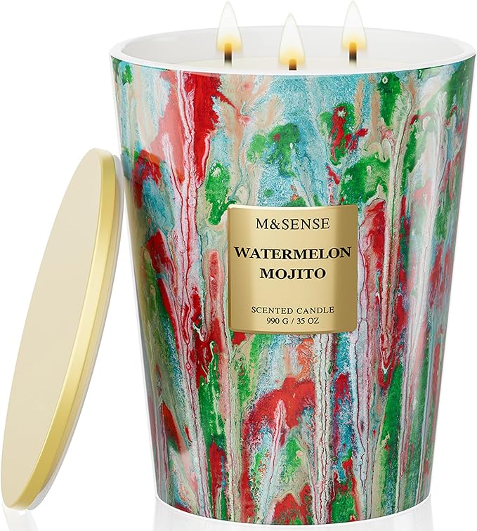 M&SENSE Large Watermelon Scented Soy Candle, 35oz 150 Hours 3-Wick Clean Burning by MSENSE
