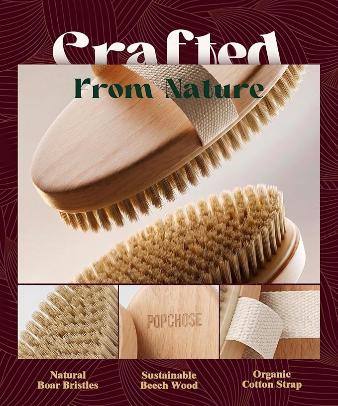 POPCHOSE Dry Brushing Body Brush, Natural Bristle Dry Skin Exfoliating Brush - Image 3