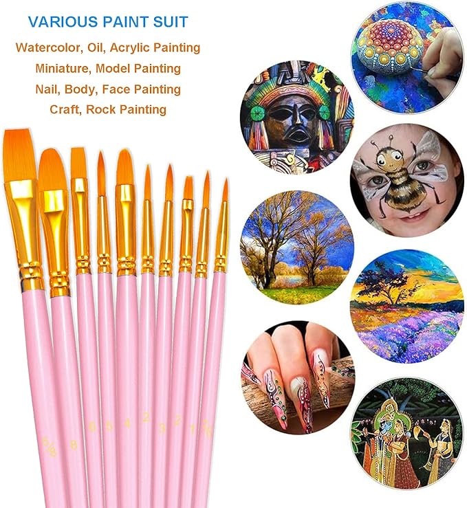 BOSOBO Paint Brushes Set, 10 Pack 100 Pcs Round Pointed Tip Paintbrushes Nylon - Image 3