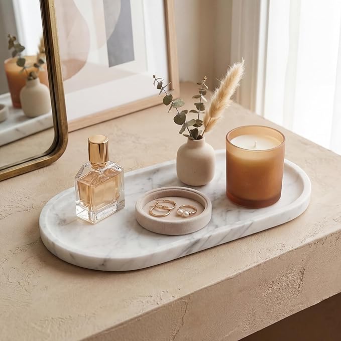 YKAJO Oval Real Marble Tray for Bathroom Kitchen Counter Stone Decorative - Image 5