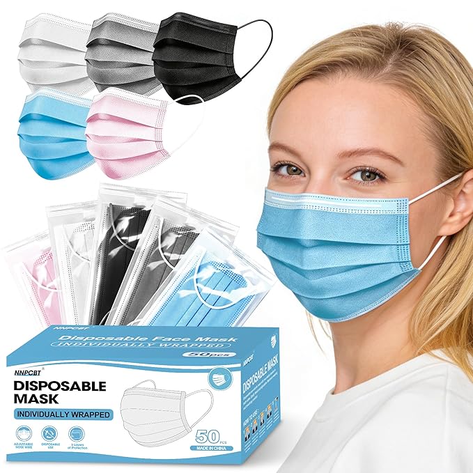 NNPCBT 5 Color Disposable Face Masks 50pcs, Individually Wrapped Masks by NNPCBT