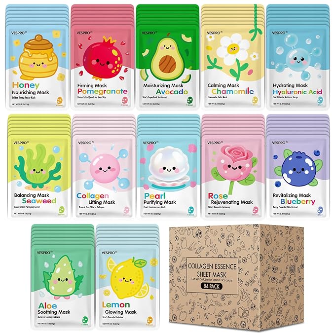 84 Pack Bulk Sheet Face Masks Skin Care, Hydrating and Moisturizing Collagen by VESPRO