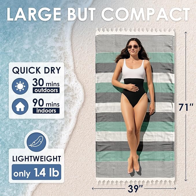 ATANI Turkish Beach Towel, Converts to a Bag, Oversized 100% Cotton Bath Towels - Image 3