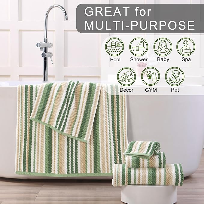 Sage Green Striped Towels Set- 100% Cotton, Quick Dry, Soft & Absorbent - Image 5
