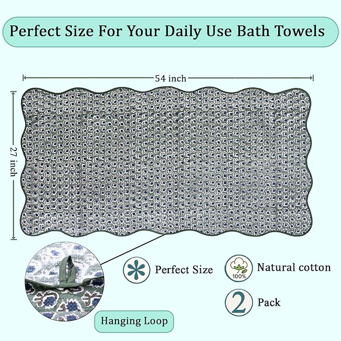 Ridhi Block Print Basil Green Cotton Spa/Beach Towel 27"x54" Set of 2 Handmade - Image 4