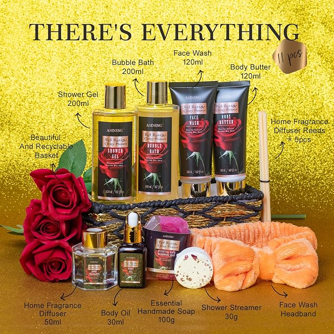 Luxury 14 pcs Cherry Blossom & Rose Bath and Body Basket Gift, Face Skin Care - Image 2