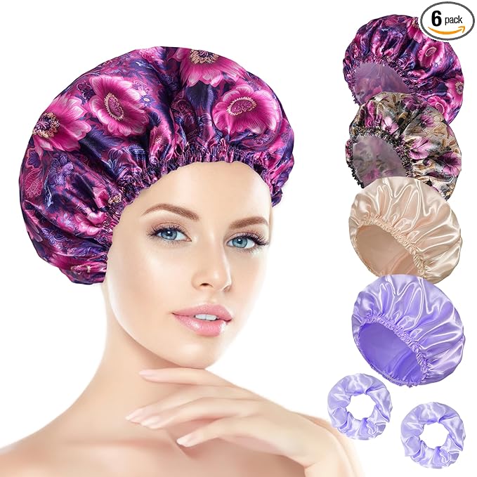 Shower Cap for Women Set of 4, Bath Caps, Double Layers Hair Caps + 4 Satin by HAPPTIGERDIRECT
