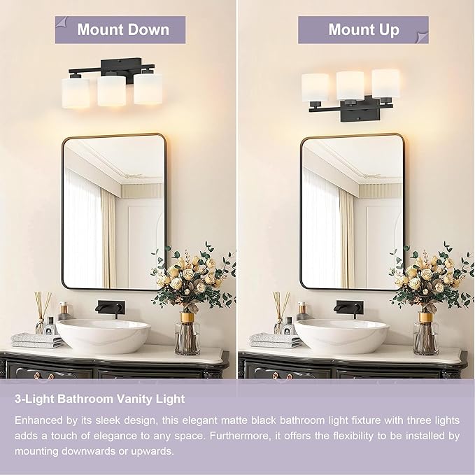 Honesorn Bathroom Light Fixtures Black, 3-Light Bathroom Vanity Light Over - Image 4