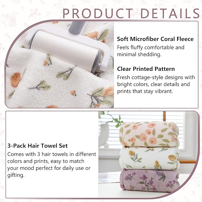 3 PCS Hair Towel Wrap Cute Pastel Floral Print Microfiber Fleece Hair Drying - Image 5