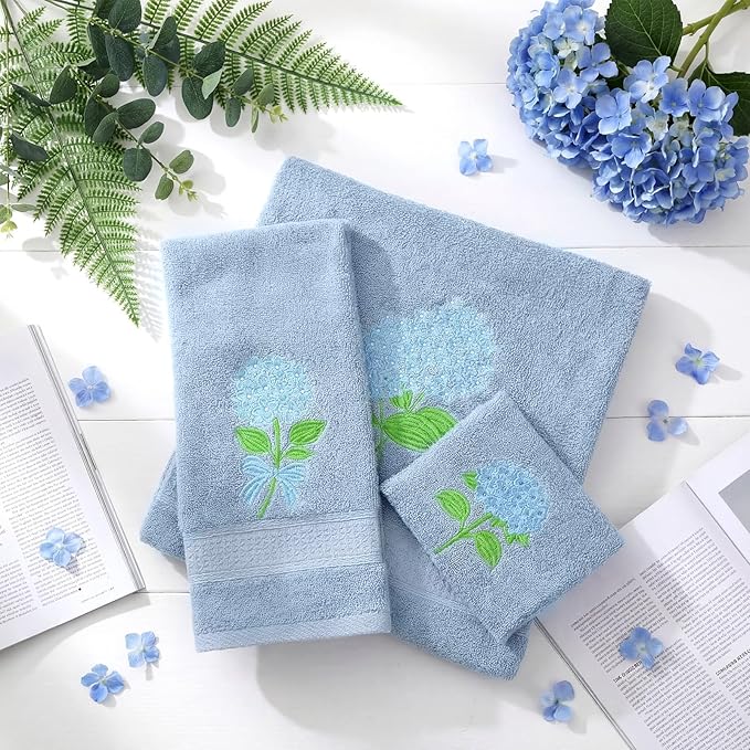 3 Pcs Hydrangea Floral Bathroom Towel Set Farmhouse Embroidered Hydrangea - Image 3