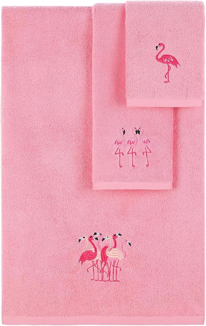 3 Pcs Flamingo Bathroom Towel Set Farmhouse Embroidered Flamingo Towels Vintage by Unknown