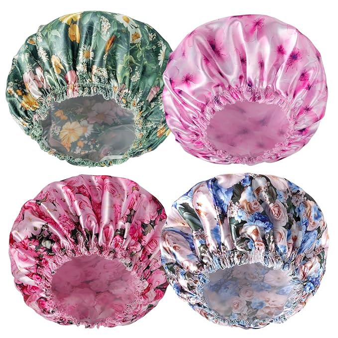 4 PCS Shower Caps for Women, Printing Bath Caps, Double Layers Shower Cap by CHFONGDIRECT