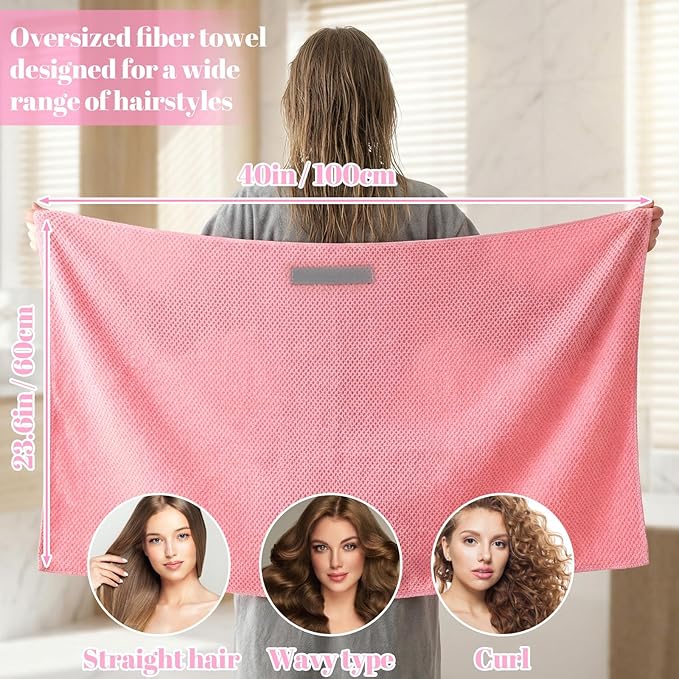 Pink Hair Towel, Large Quick Dry Microfiber Hair Towel Wrap Super Soft - Image 2