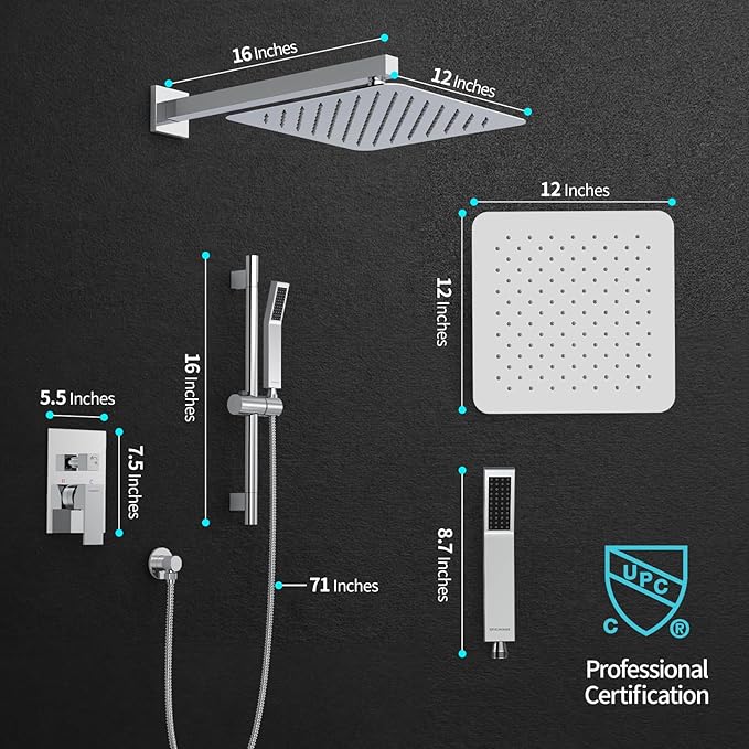 SR SUN RISE 12 Inch Slide Bar Shower System, Square Rain Shower Head and - Image 5