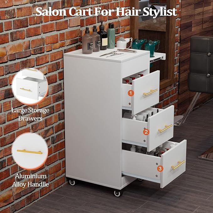 Salon Trolley Cart with Wheels, 3-Drawer Rolling Hair Styling Station, Mobile - Image 2