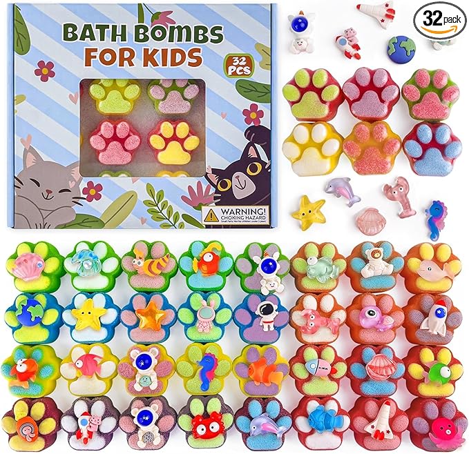 Bath Bombs for Kids with Surprise Inside, 32 Pack Paw Bath Bombs with Toy by Yekery