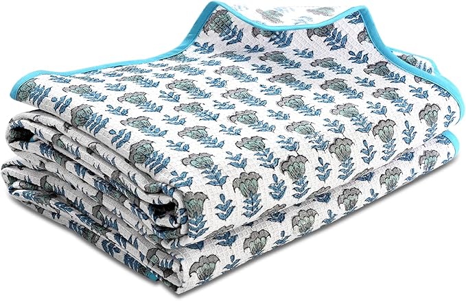 Ridhi Block Print Aquamarine Blue Cotton Spa Towel 27"x54" Set of 2 Handmade - Image 7