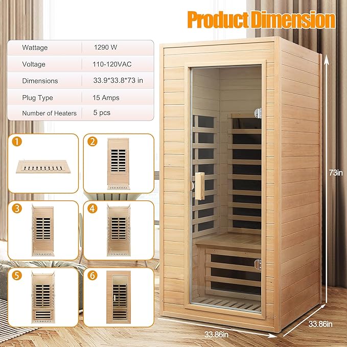 Far Infrared Sauna, 1 Person Infrared Sauna, Canadian Hemlock Wood 1290W - Image 6