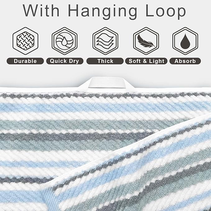 Blue Striped Towels Set of 3, 100% Cotton, Quick Dry, Soft & Absorbent Luxury - Image 3