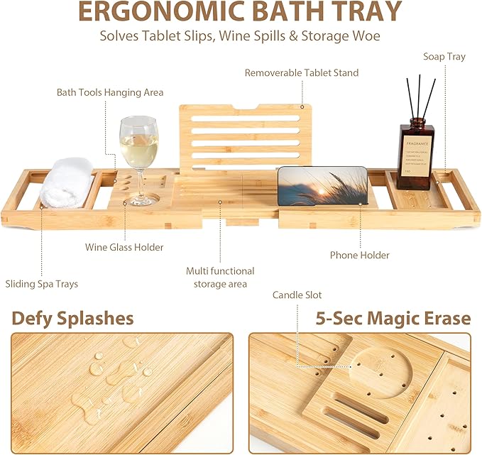 Bamboo Bathtub Tray | Splash-Proof Adjustable | Non-Slip Pads, Wine Holder & - Image 2