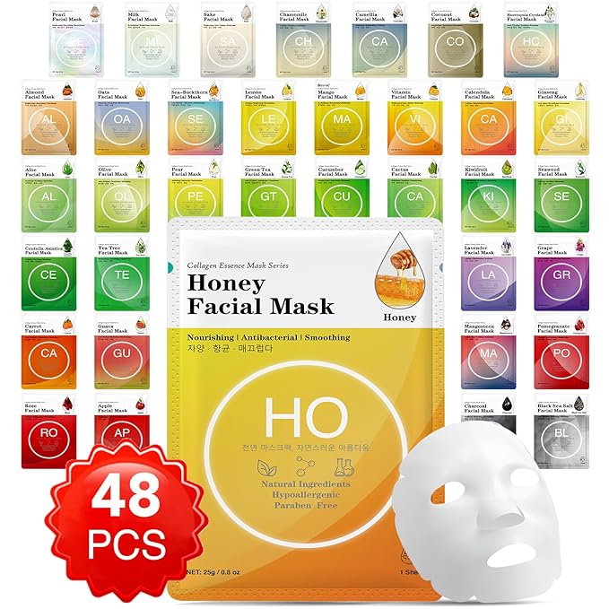 48 Packs Collagen Essence Sheet Facial Masks, Plant Extract and Sodium by VESPRO
