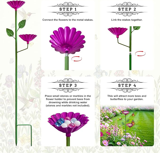 2 Pack Bee Watering Station, Metal Flower Garden Stakes - Image 4