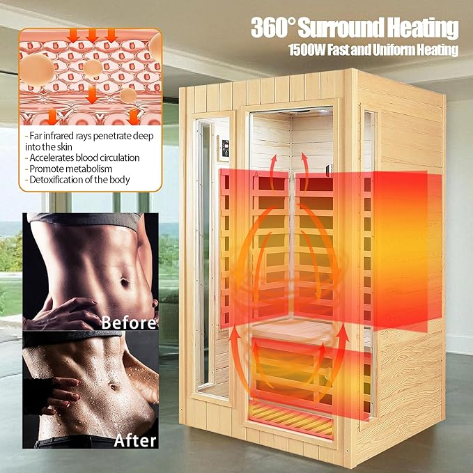 2 Person Sauna, Low EMF Far Infrared Sauna, 1500W Hemlock Wood Sauna Indoor - Image 3
