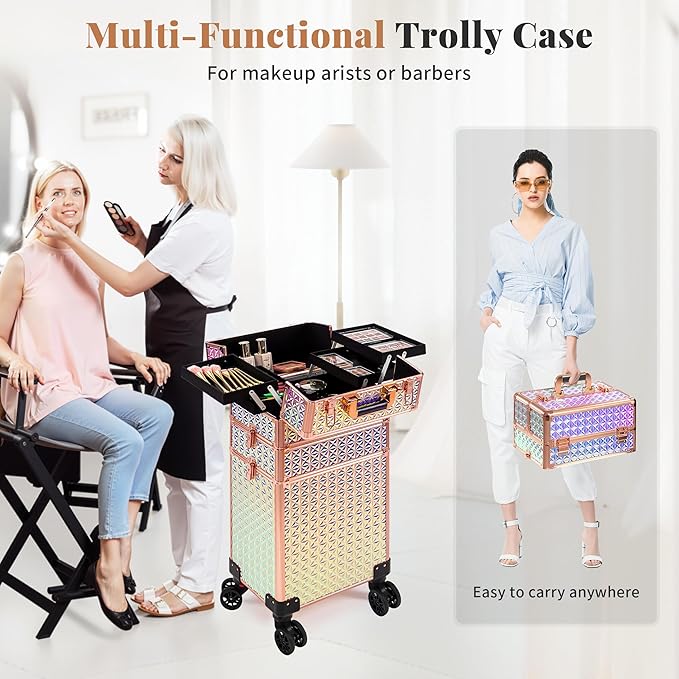 3 in 1 Rolling Makeup Train Case Professional Large Cosmetic Trolley - Image 4