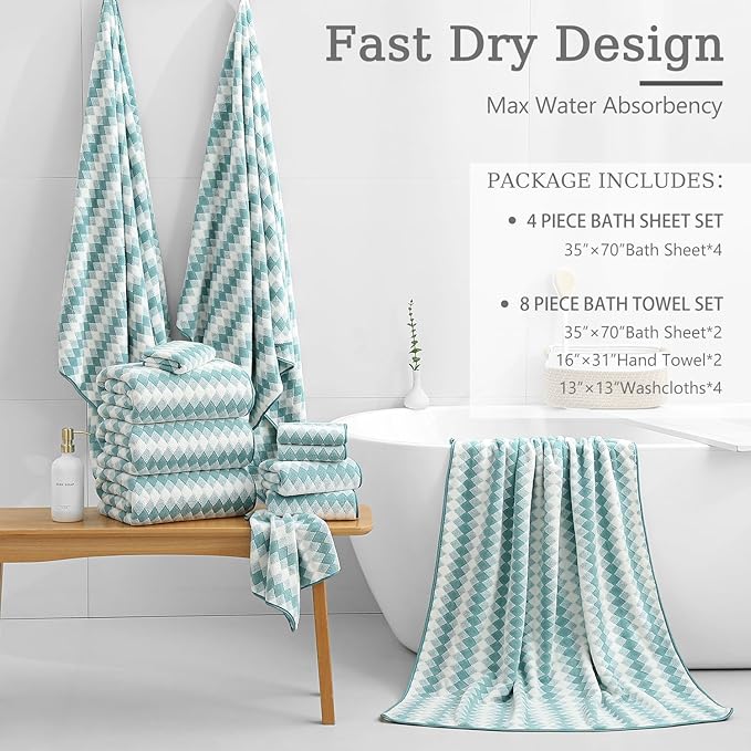 8 Piece Bathroom Towel Set Aqua |2 Oversized Large Bath Towels Sheet, 2 Hand - Image 4