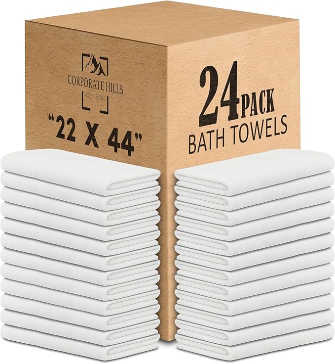 CH White Bath Towels Bulk Pack of 24 – Pure Cotton Lightweight & Absorbent by CorporateHills