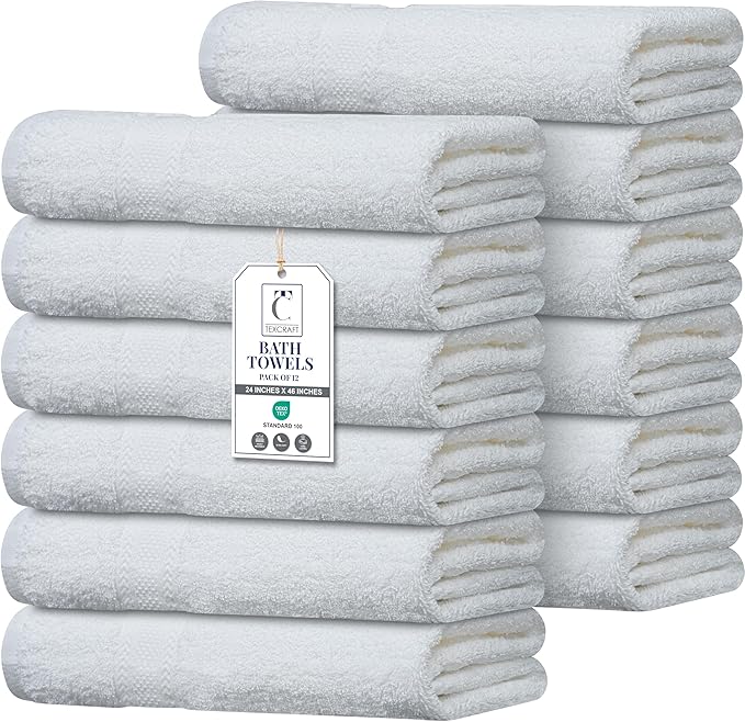 Commercial Bulk Pack of 12 Small Bath Towels – 100% Cotton Terry 24" x 46" – by TEXCRAFT