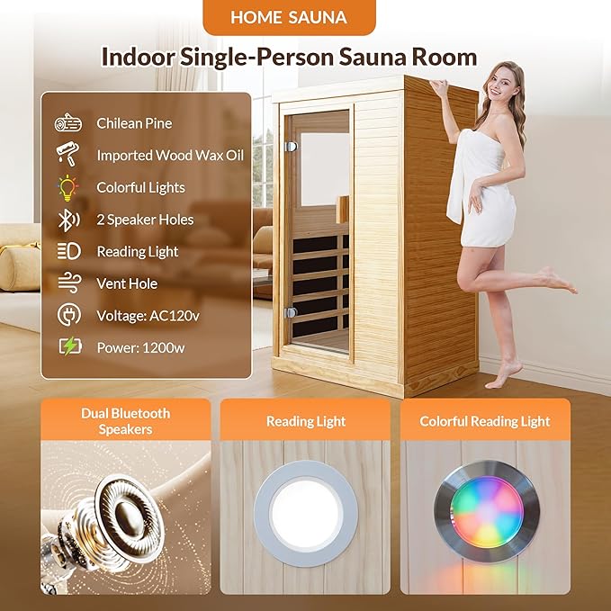 OUTEXER Infrared Sauna Home Sauna Spa Room Chilean Pine Wood 1200W Indoor - Image 2