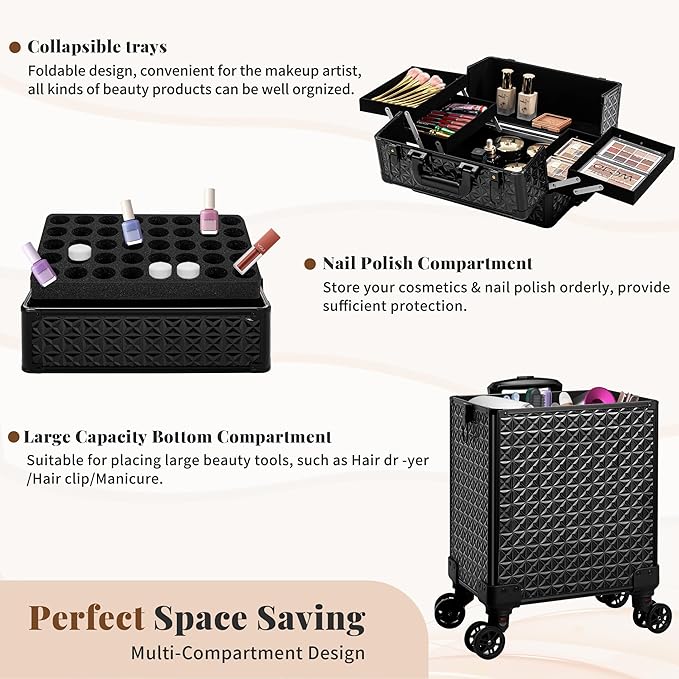 3 in 1 Rolling Makeup Train Case Professional Large Cosmetic Trolley - Image 6