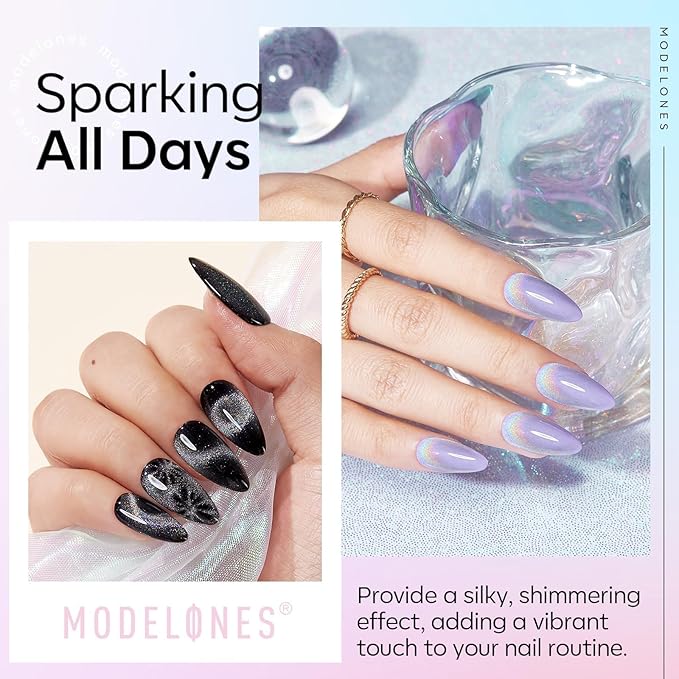 modelones Rainbow Cat Eye Gel Nail Polish Top Coat, 2-in-one 9D Glitter Clear - Image 5