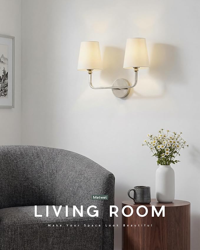 2-Light Bathroom Light Fixtures, Brushed Nickel Vanity Lights, Double Wall - Image 6