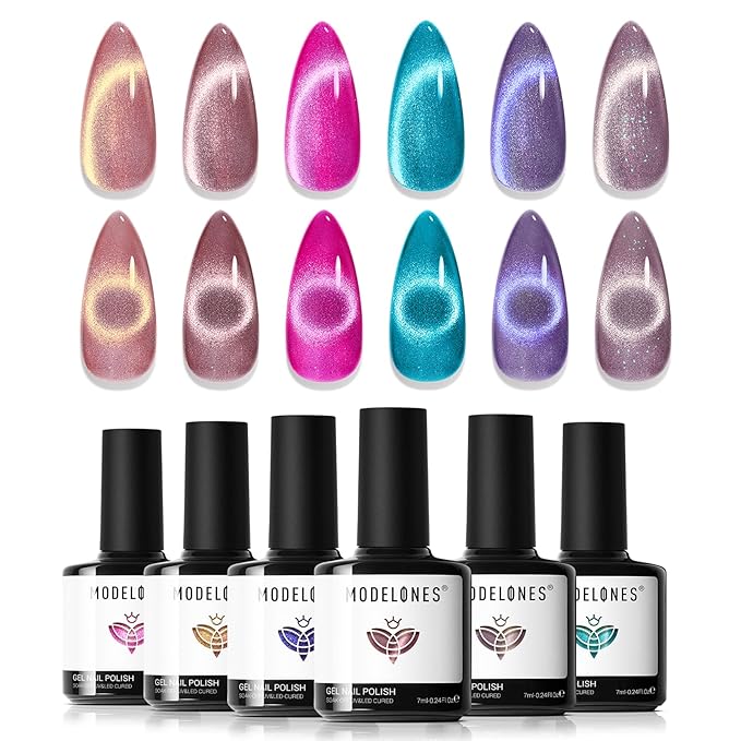 Modelones Cat Eye Gel Nail Polish Set, 6 Colors Coloful Neon Galaxy Champagne - Image 9