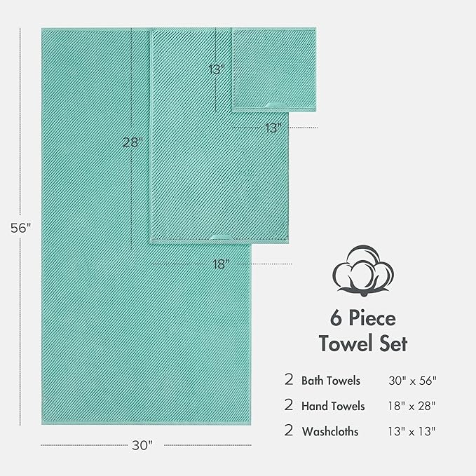 Madison Park Bathroom Towel Set of 6 Diagonal Ribbed, Turquoise 100% Cotton - Image 9