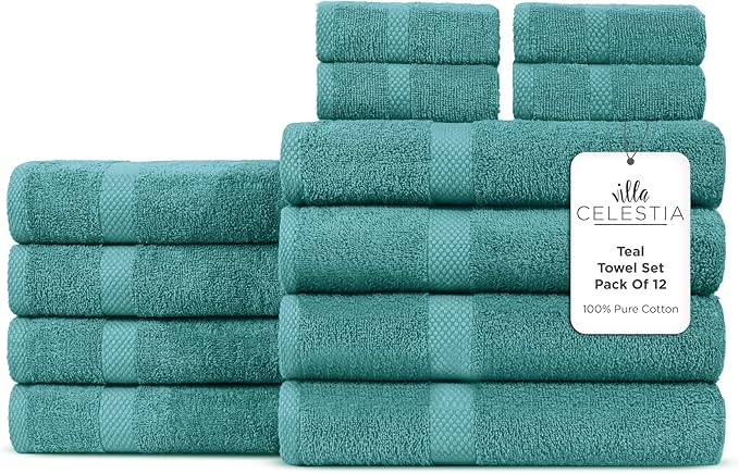 100% Cotton Bath Towel Set of 12-4 Bath Towels, 4 Hand Towels, 4 Wash Cloths by VillaCelestia